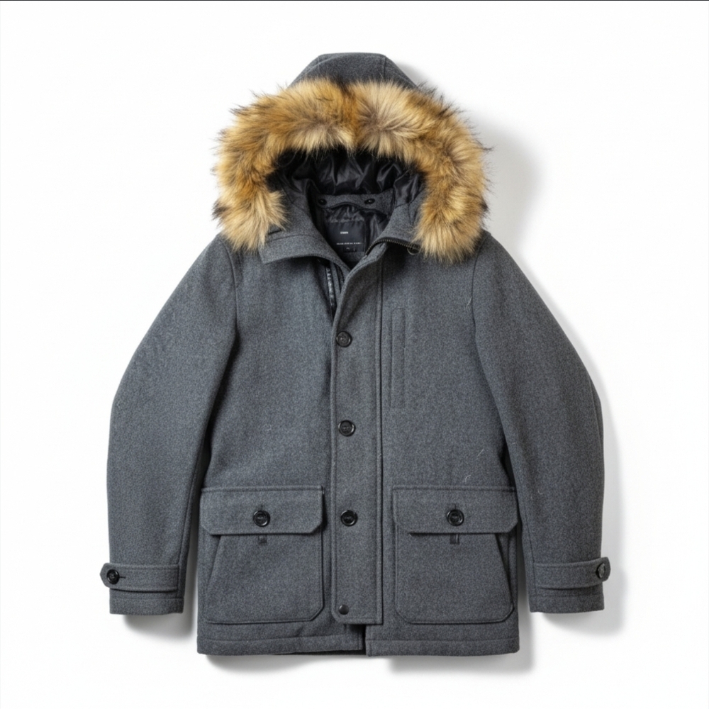 VOWEL Women's Gray Wool Parka Coat Coyote Fur Hood M